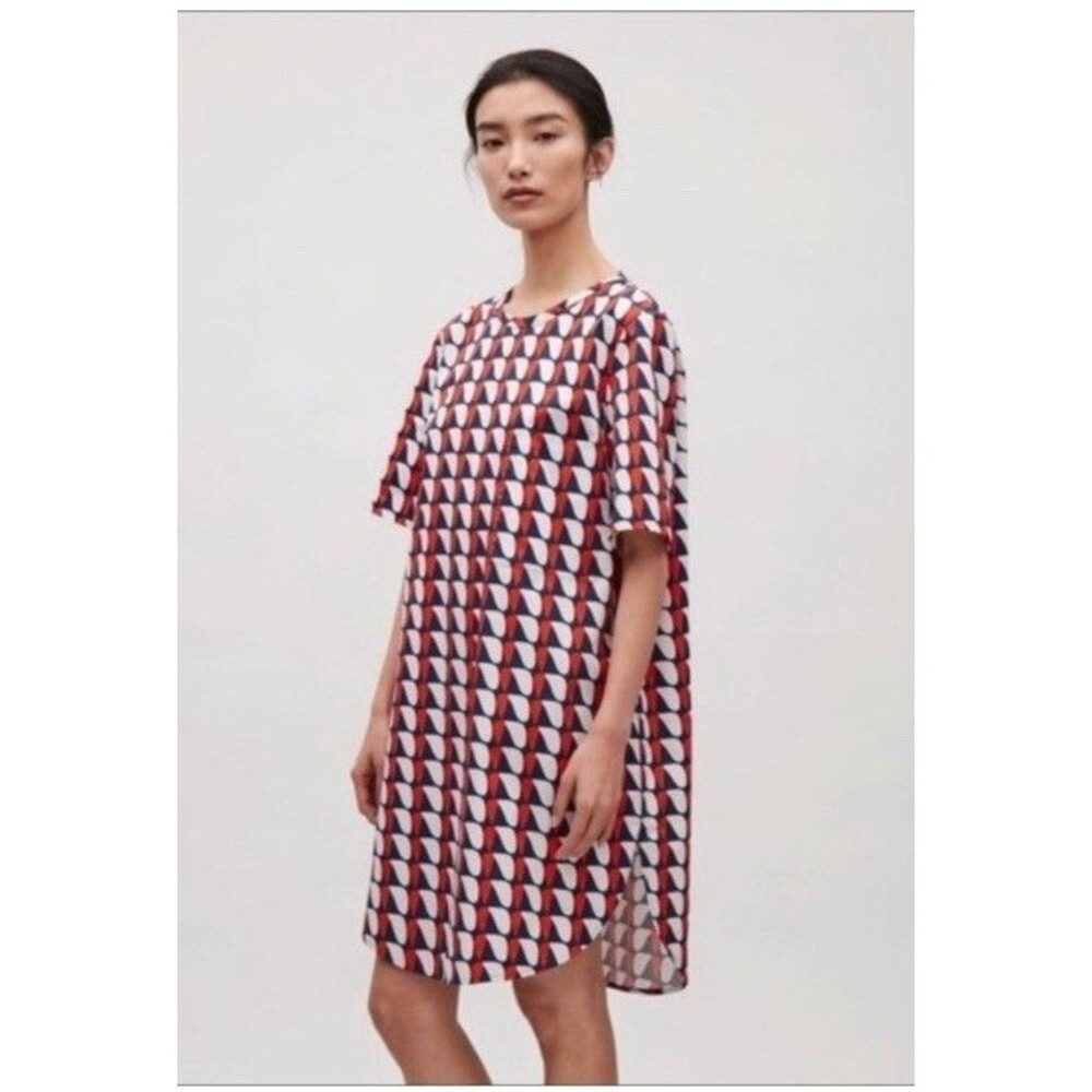 COS Oversized Retro Print Shirt Dress Size 34 EUR SM Red Blue Pockets Tie Neck